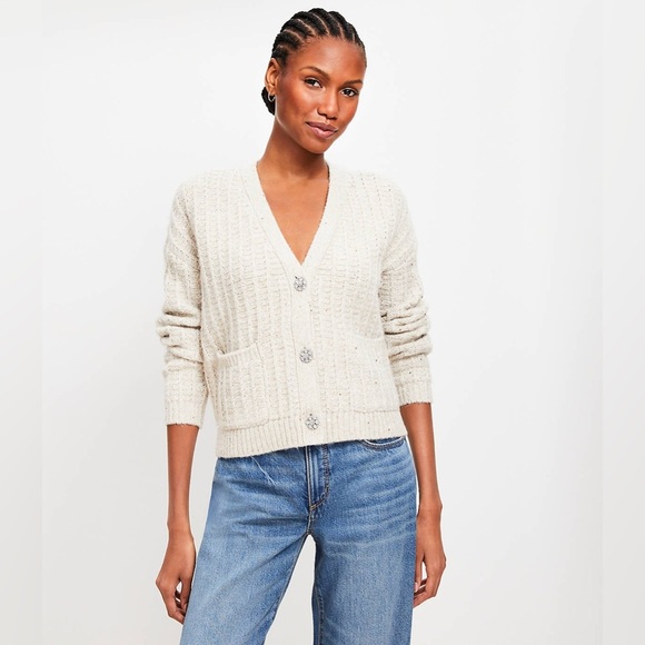 LOFT Knit Cardigan Sweater in Cream with Gold Accents Size Medium M - Picture 11 of 13
